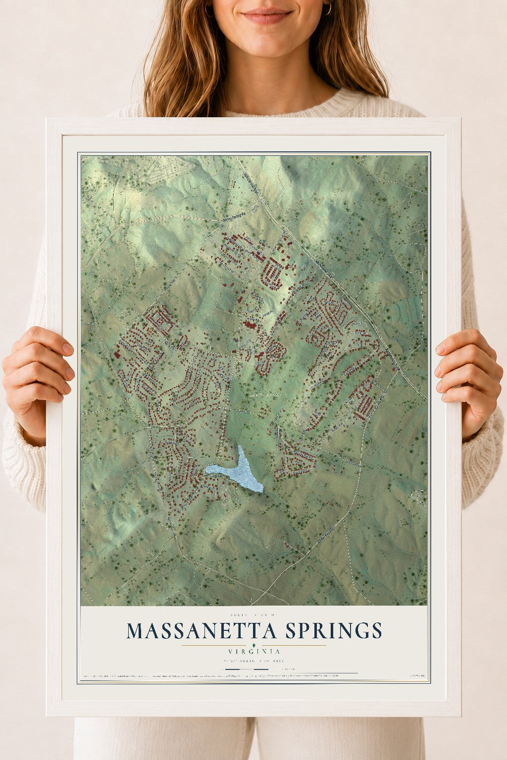 Map of Massanetta Springs, Virginia, 18 x 24 inch print in a white wood frame