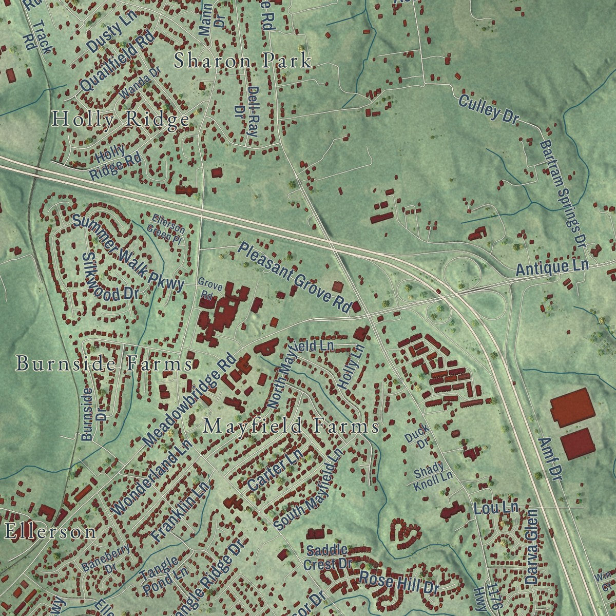 Second close-up of the map of Mechanicsville, Virginia print showing more streets and buildings