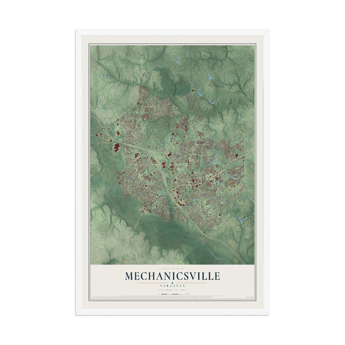 Map of Mechanicsville, Virginia, 12 x 18 inch print in a white wood frame