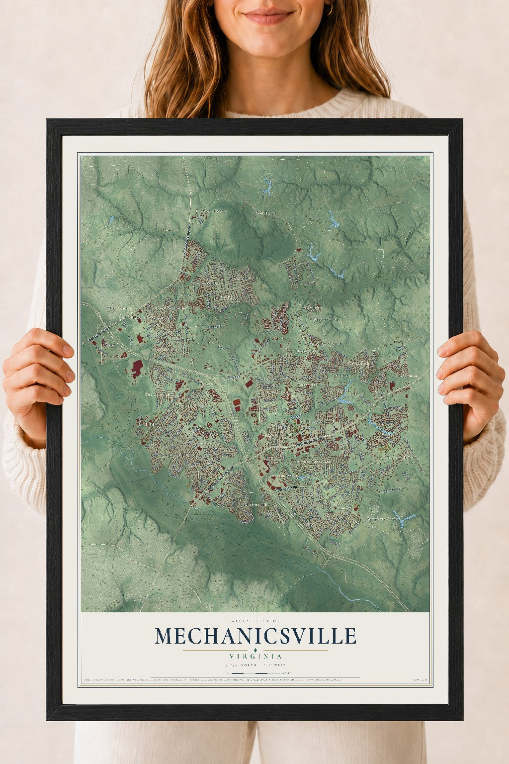 Map of Mechanicsville, Virginia, 18 x 24 inch print in a black wood frame