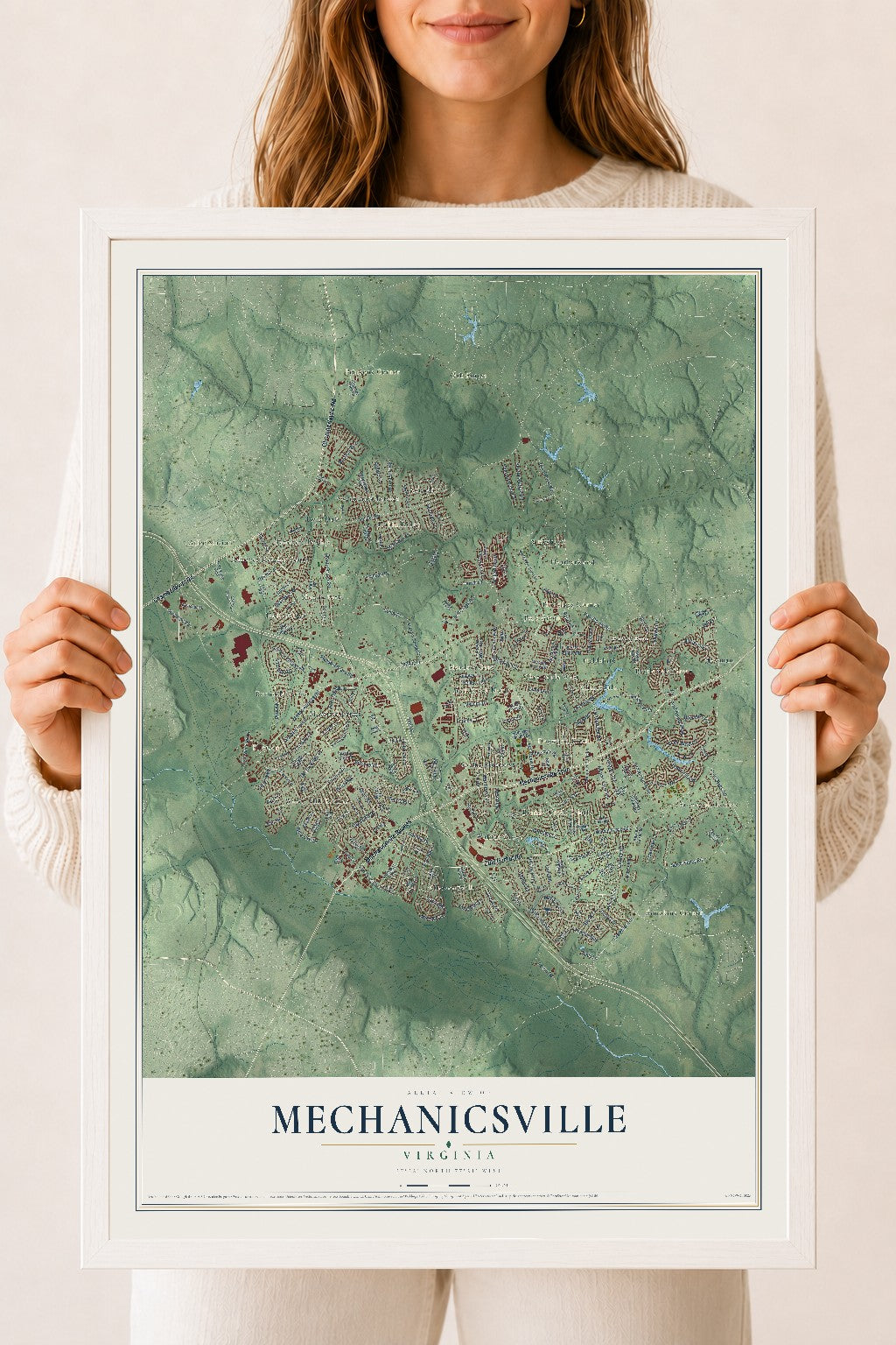 Map of Mechanicsville, Virginia, 18 x 24 inch print in a white wood frame
