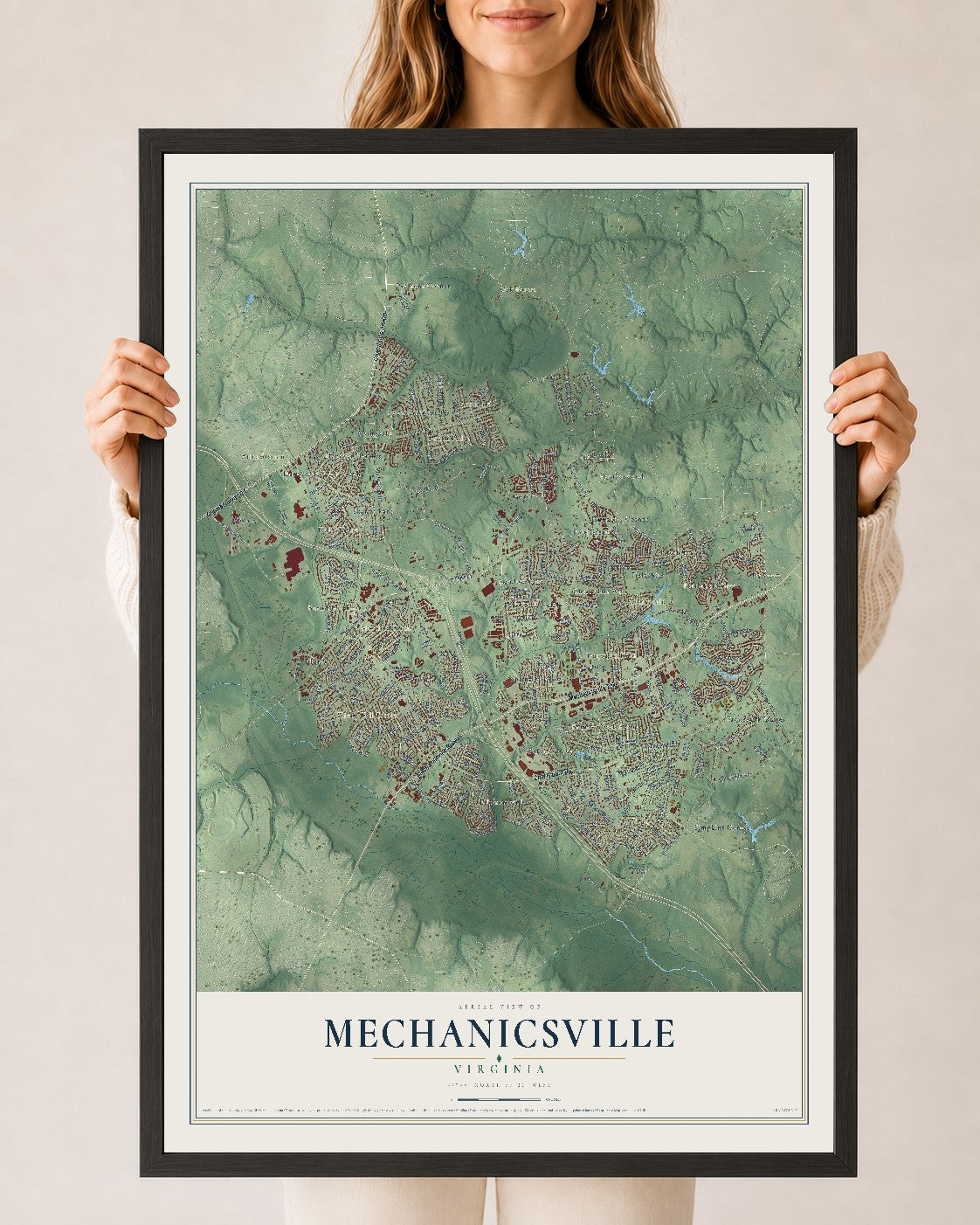 Map of Mechanicsville, Virginia, 24 x 36 inch print in a black wood frame
