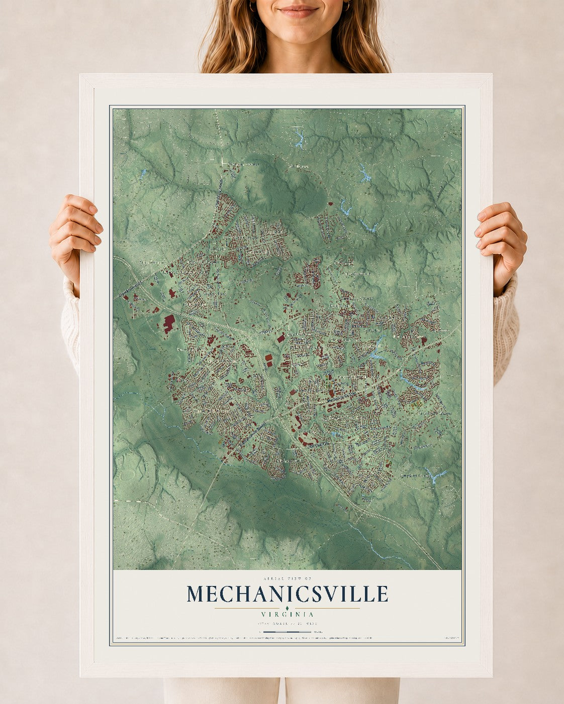 Map of Mechanicsville, Virginia, 24 x 36 inch print in a white wood frame