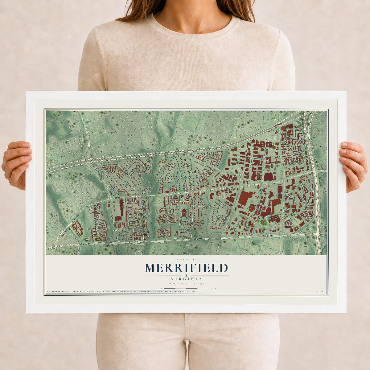 Map of Merrifield, Virginia, 12 x 18 inch print in a white wood frame