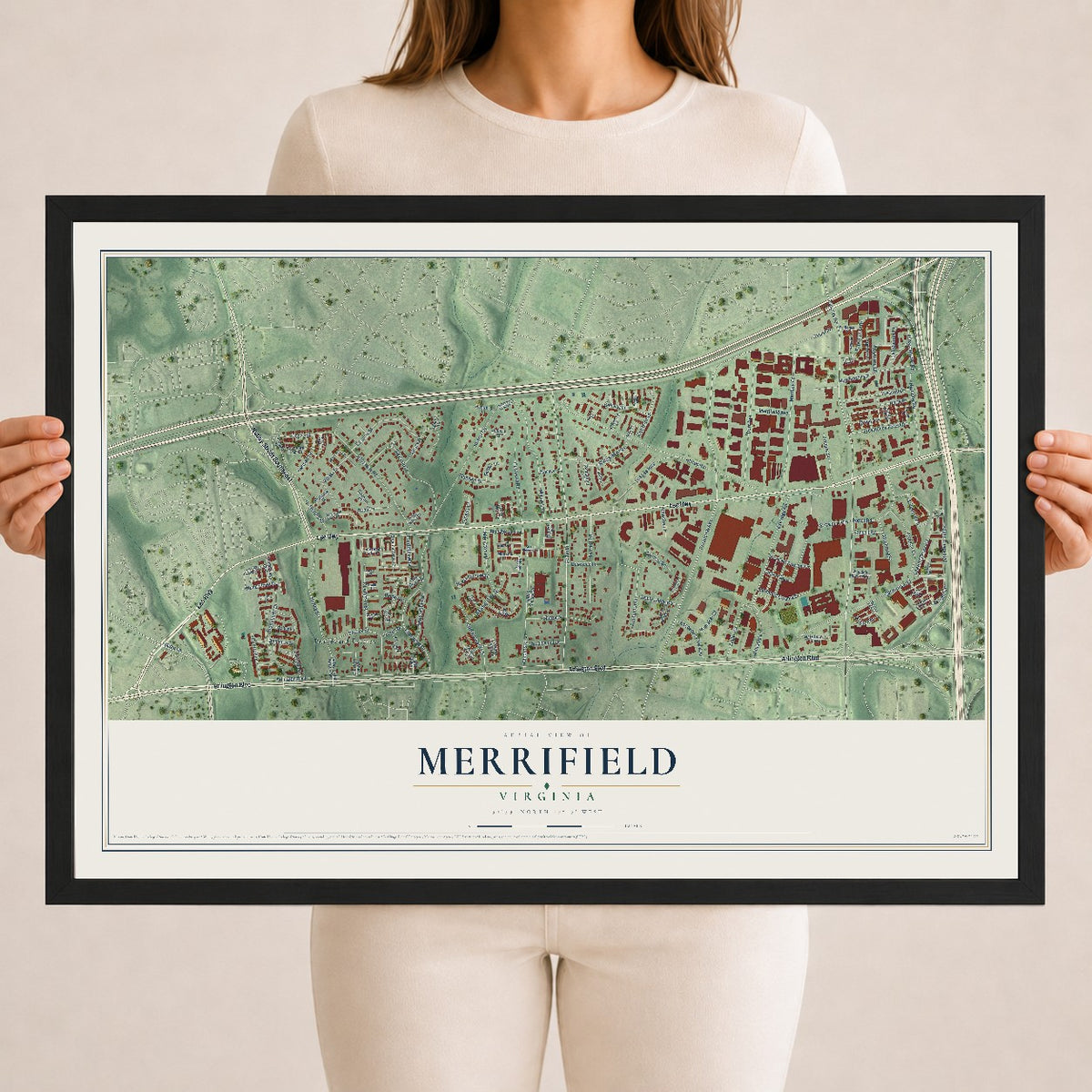 Map of Merrifield, Virginia, 18 x 24 inch print in a black wood frame