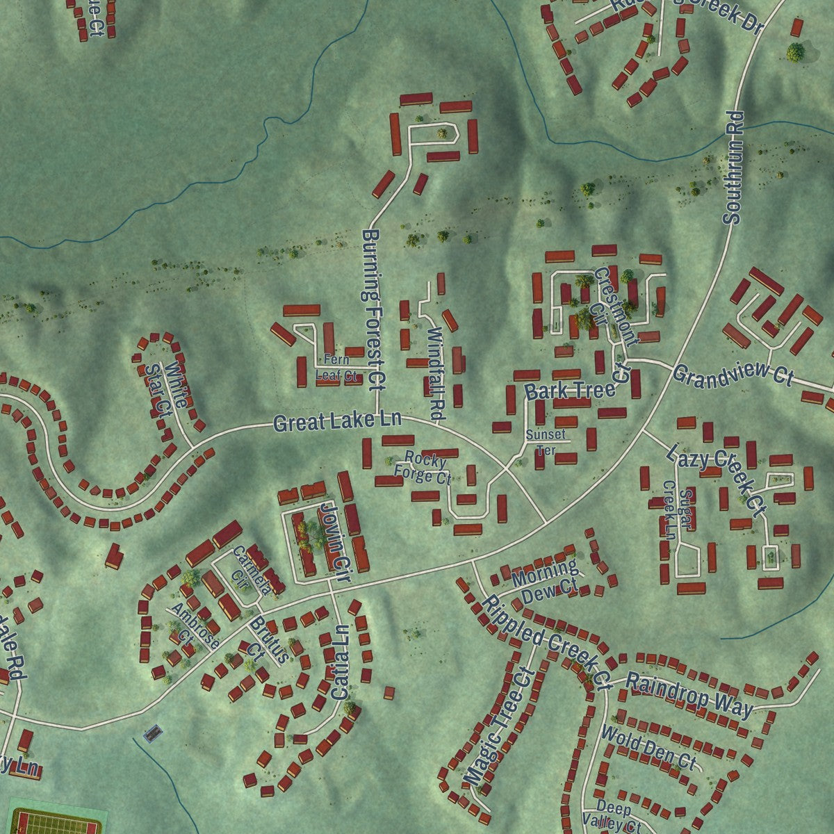 Second close-up of the map of Newington Forest, Virginia print showing more streets and buildings