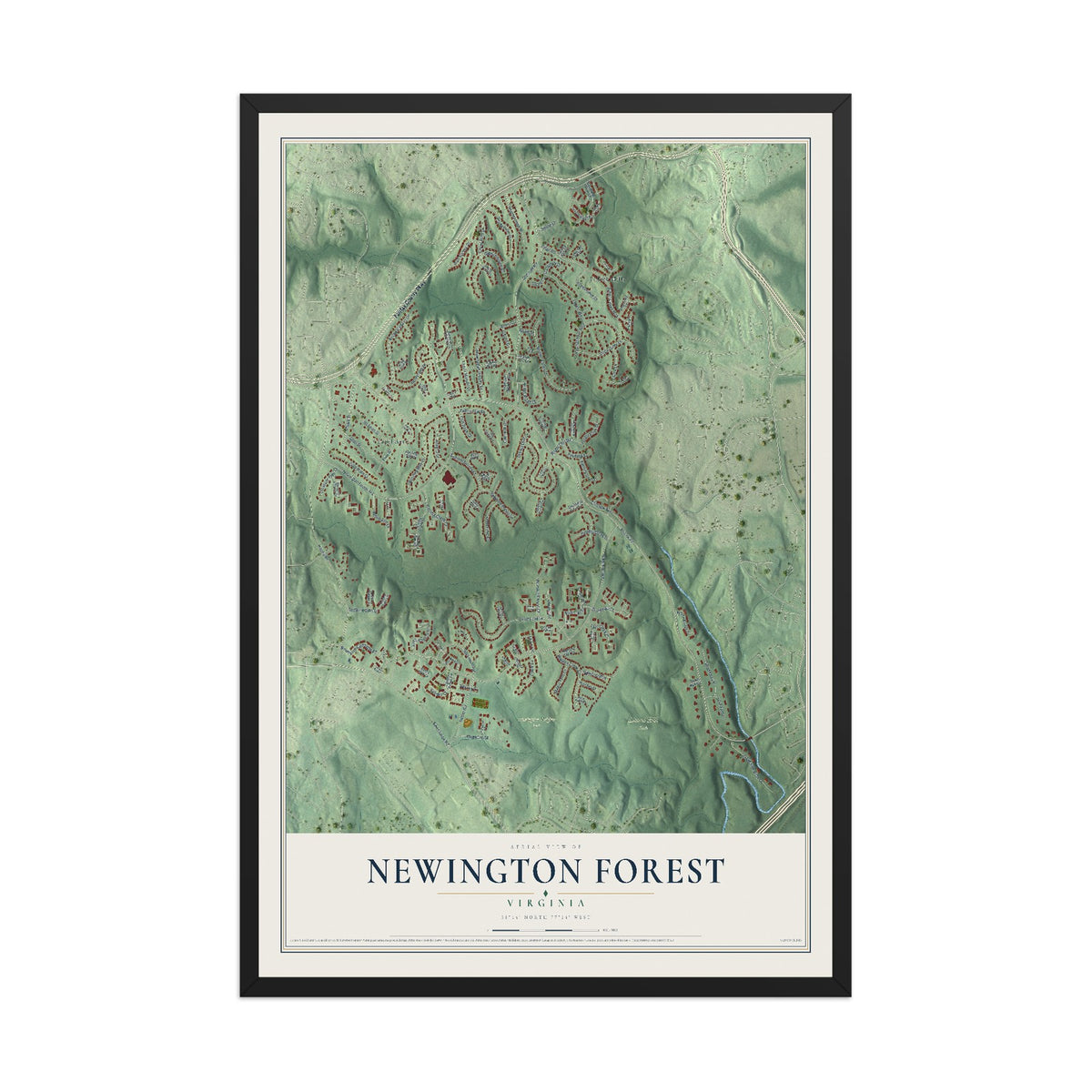 Map of Newington Forest, Virginia, 12 x 18 inch print in a black wood frame
