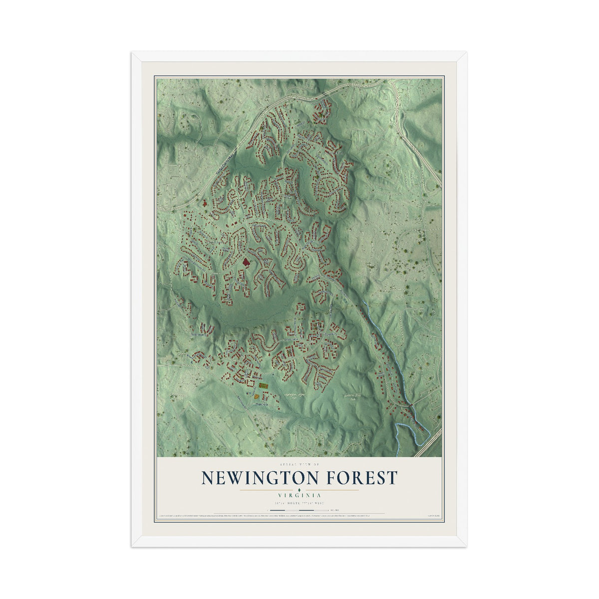 Map of Newington Forest, Virginia, 12 x 18 inch print in a white wood frame