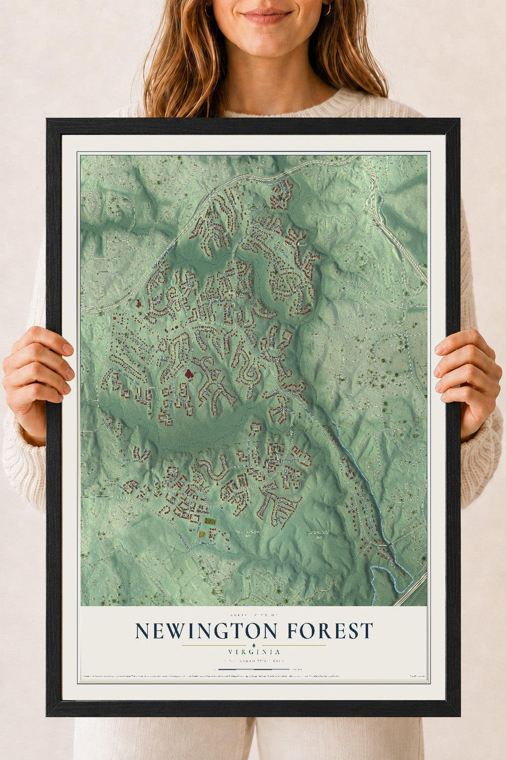 Map of Newington Forest, Virginia, 18 x 24 inch print in a black wood frame