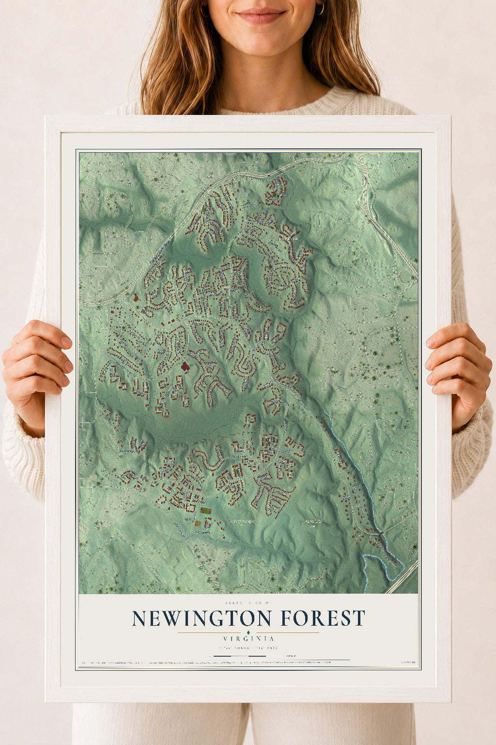 Map of Newington Forest, Virginia, 18 x 24 inch print in a white wood frame