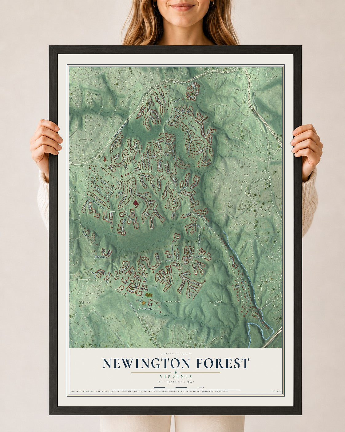 Map of Newington Forest, Virginia, 24 x 36 inch print in a black wood frame