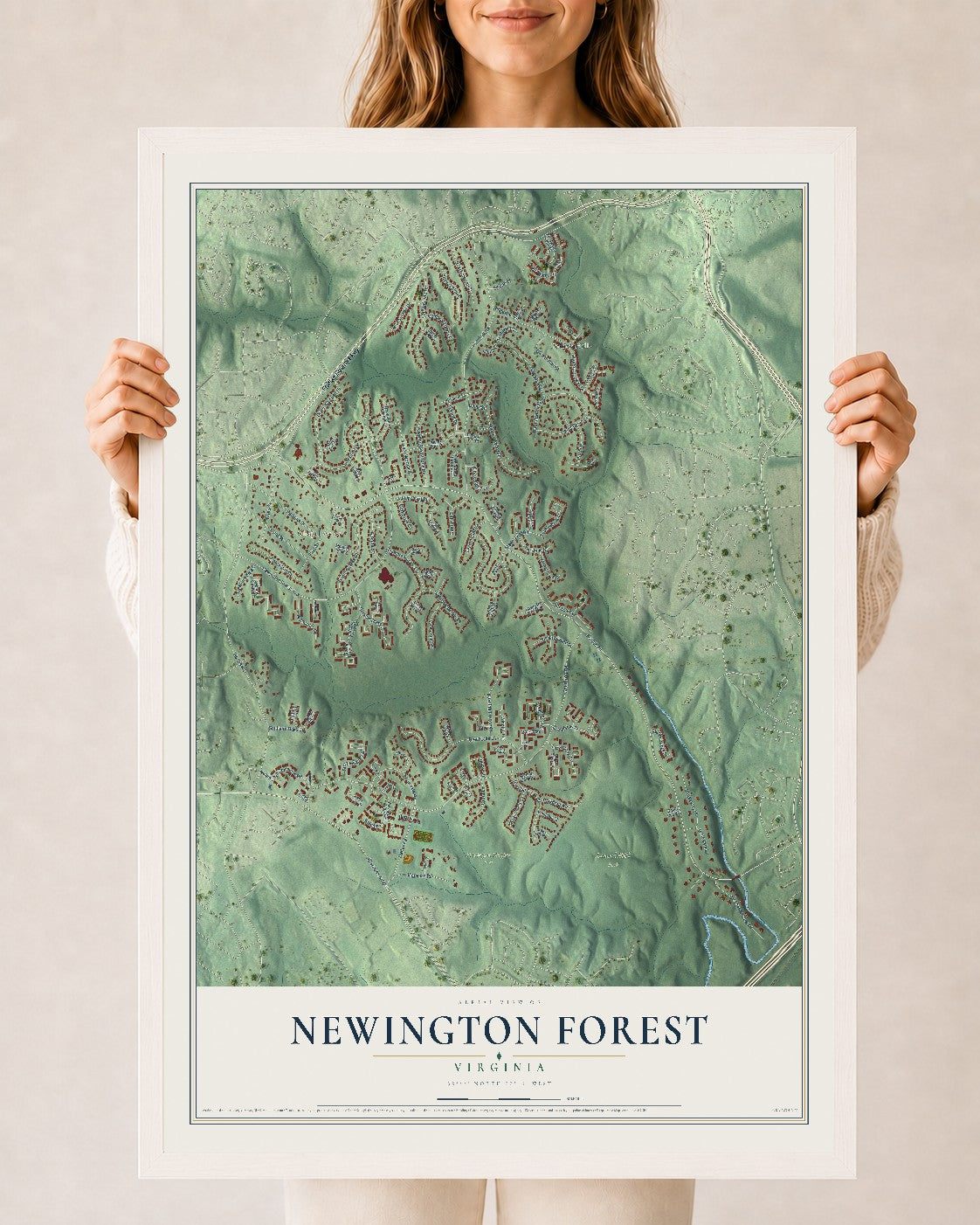 Map of Newington Forest, Virginia, 24 x 36 inch print in a white wood frame