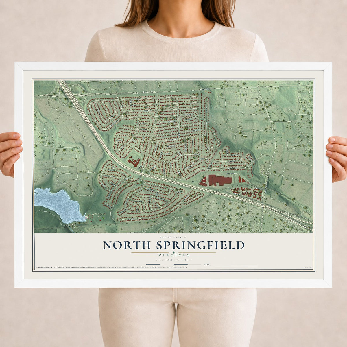 Map of North Springfield, Virginia, 18 x 24 inch print in a white wood frame