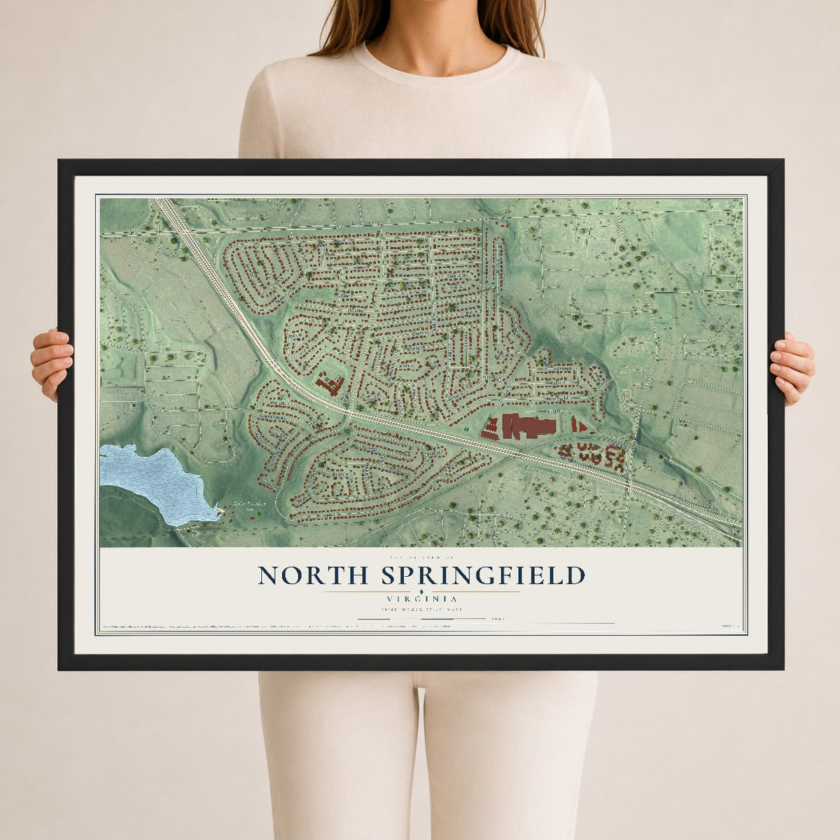 Map of North Springfield, Virginia, 24 x 36 inch print in a black wood frame