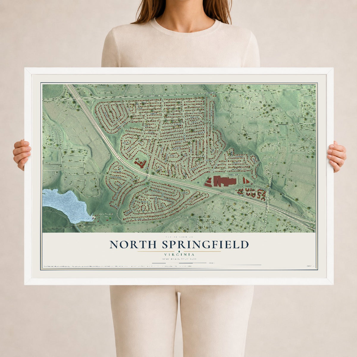 Map of North Springfield, Virginia, 24 x 36 inch print in a white wood frame