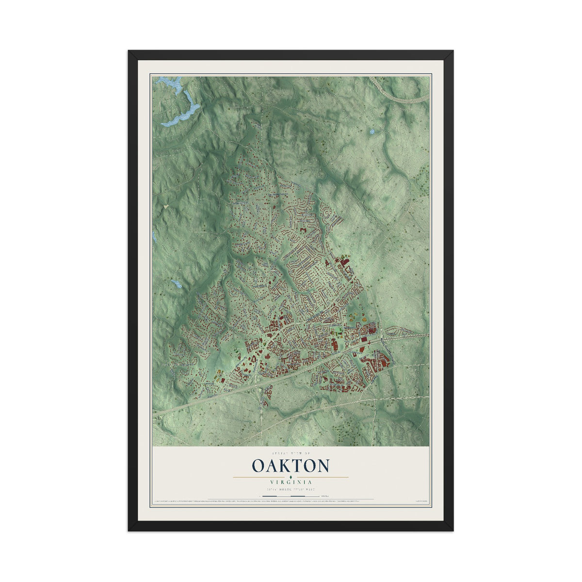 Map of Oakton, Virginia, 12 x 18 inch print in a black wood frame