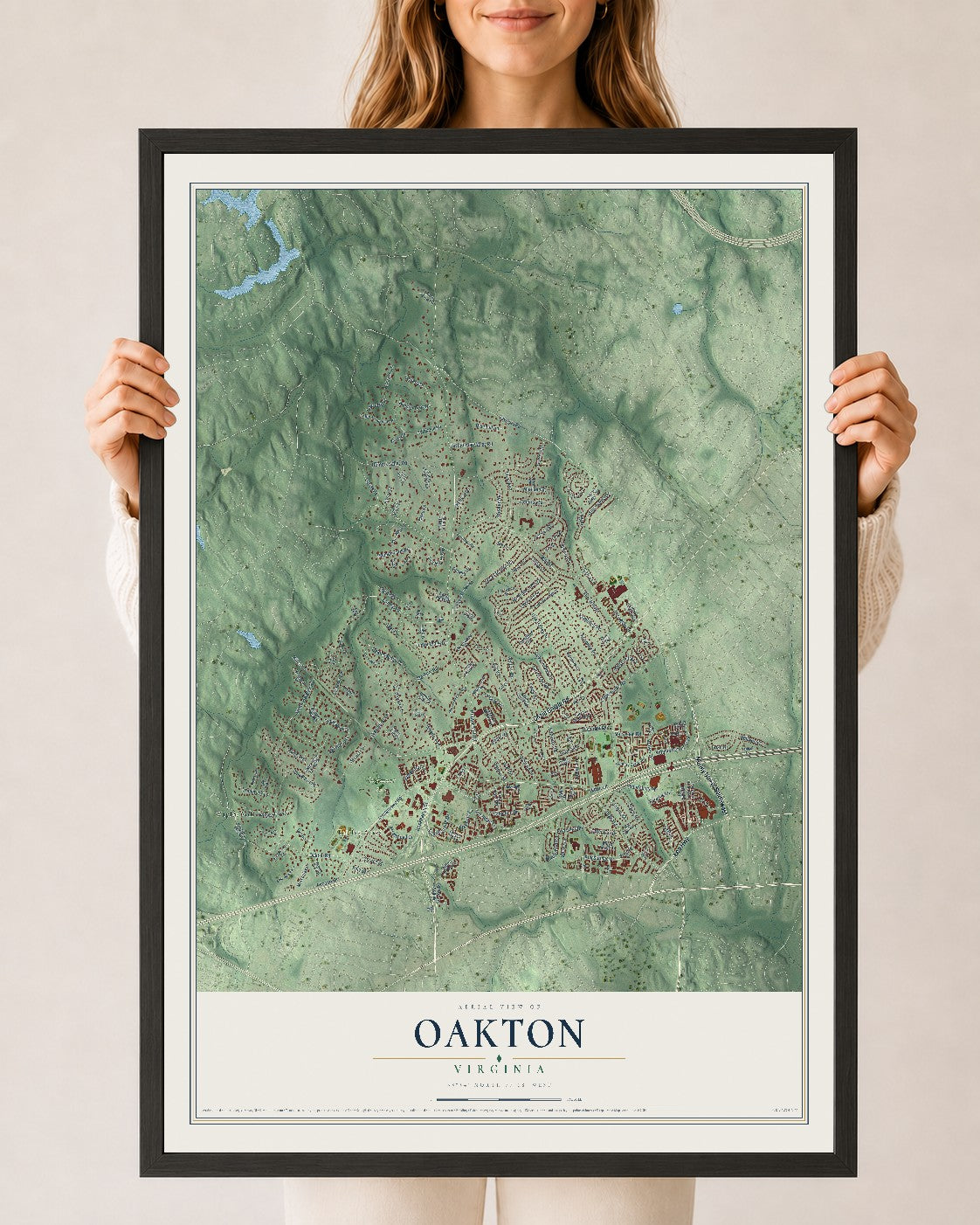 Map of Oakton, Virginia, 24 x 36 inch print in a black wood frame