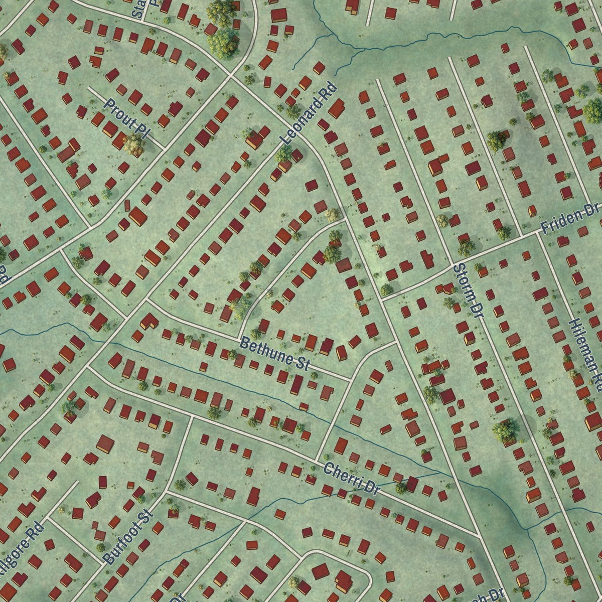 Close-up of the map of Pimmit Hills, Virginia print showing street and building detail
