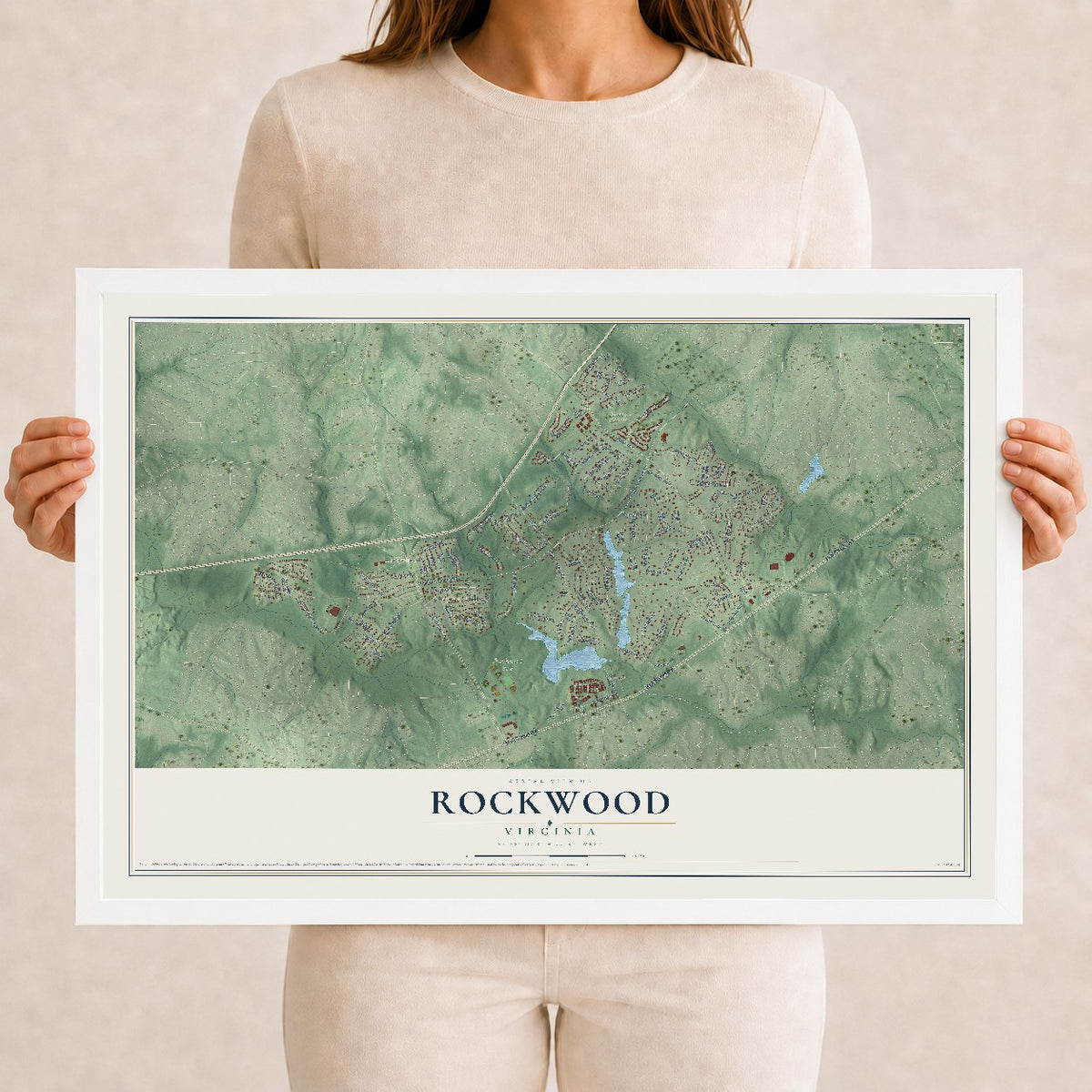 Map of Rockwood, Virginia, 12 x 18 inch print in a white wood frame