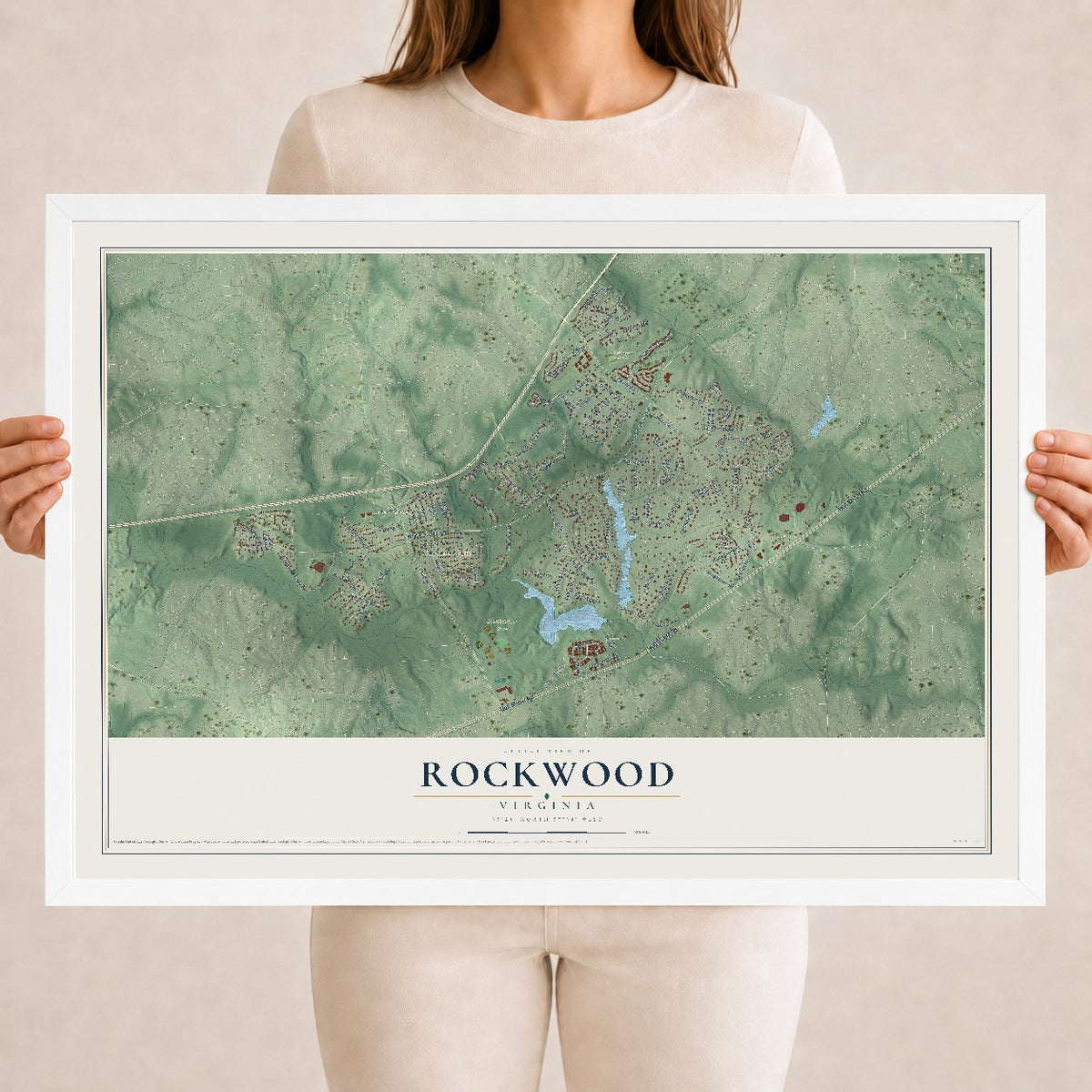 Map of Rockwood, Virginia, 18 x 24 inch print in a white wood frame