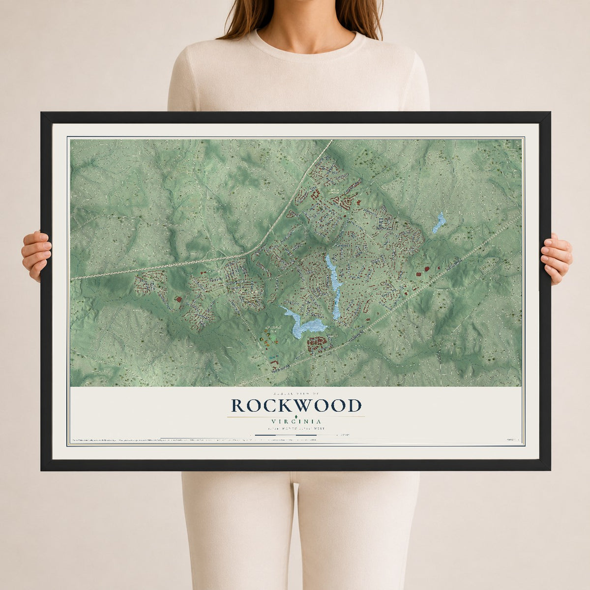 Map of Rockwood, Virginia, 24 x 36 inch print in a black wood frame
