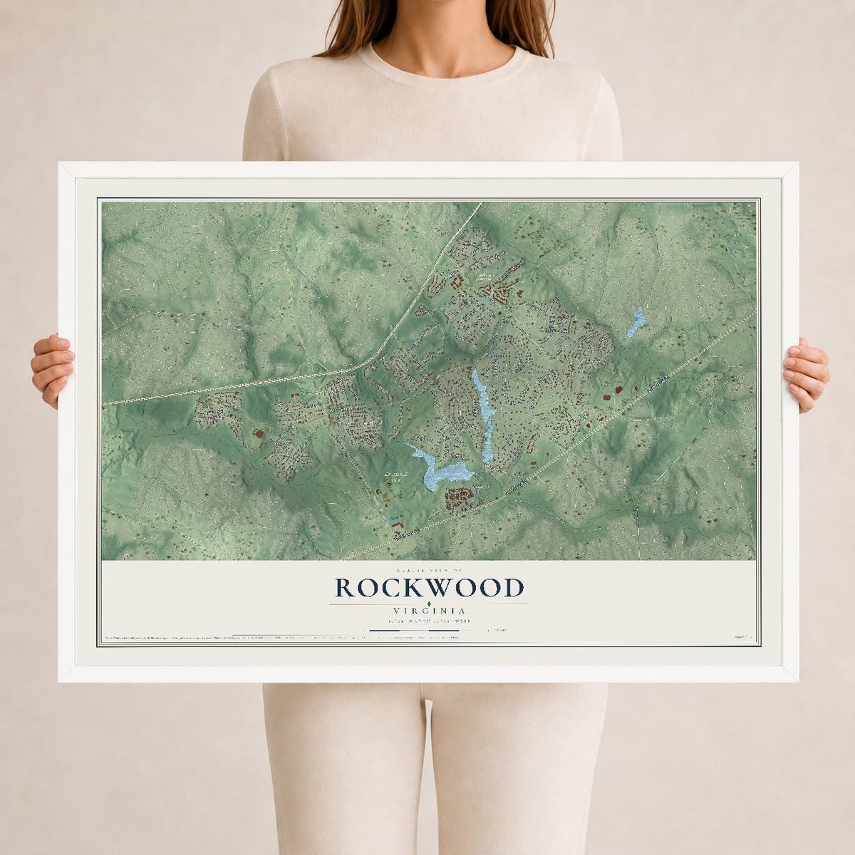 Map of Rockwood, Virginia, 24 x 36 inch print in a white wood frame