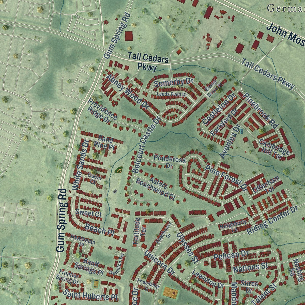 Second close-up of the map of South Riding, Virginia print showing more streets and buildings