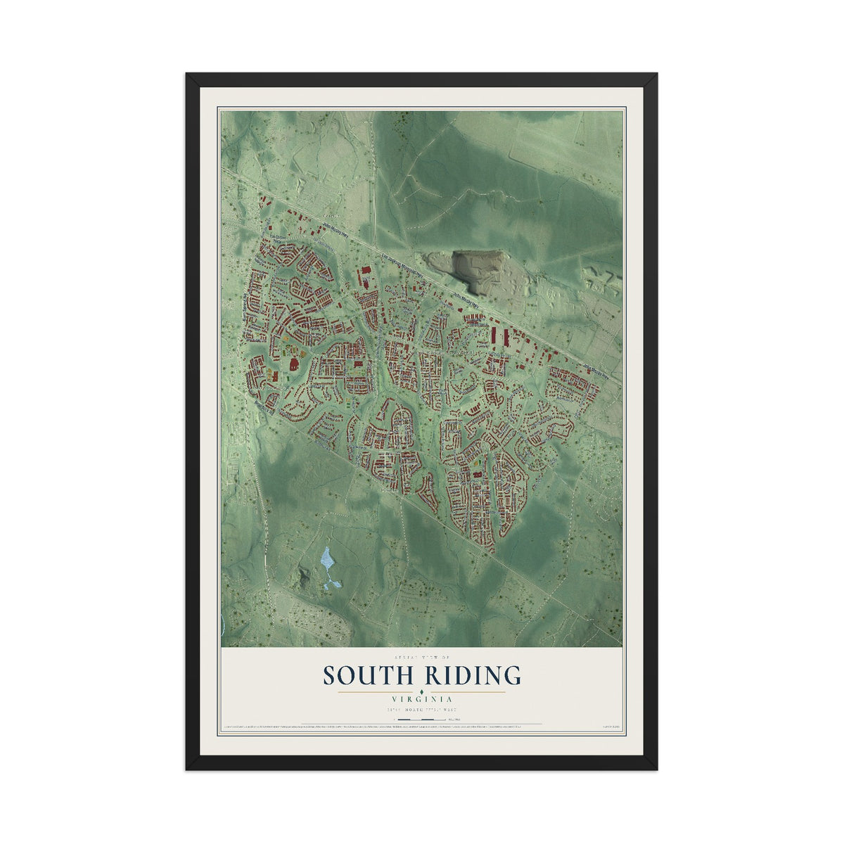 Map of South Riding, Virginia, 12 x 18 inch print in a black wood frame