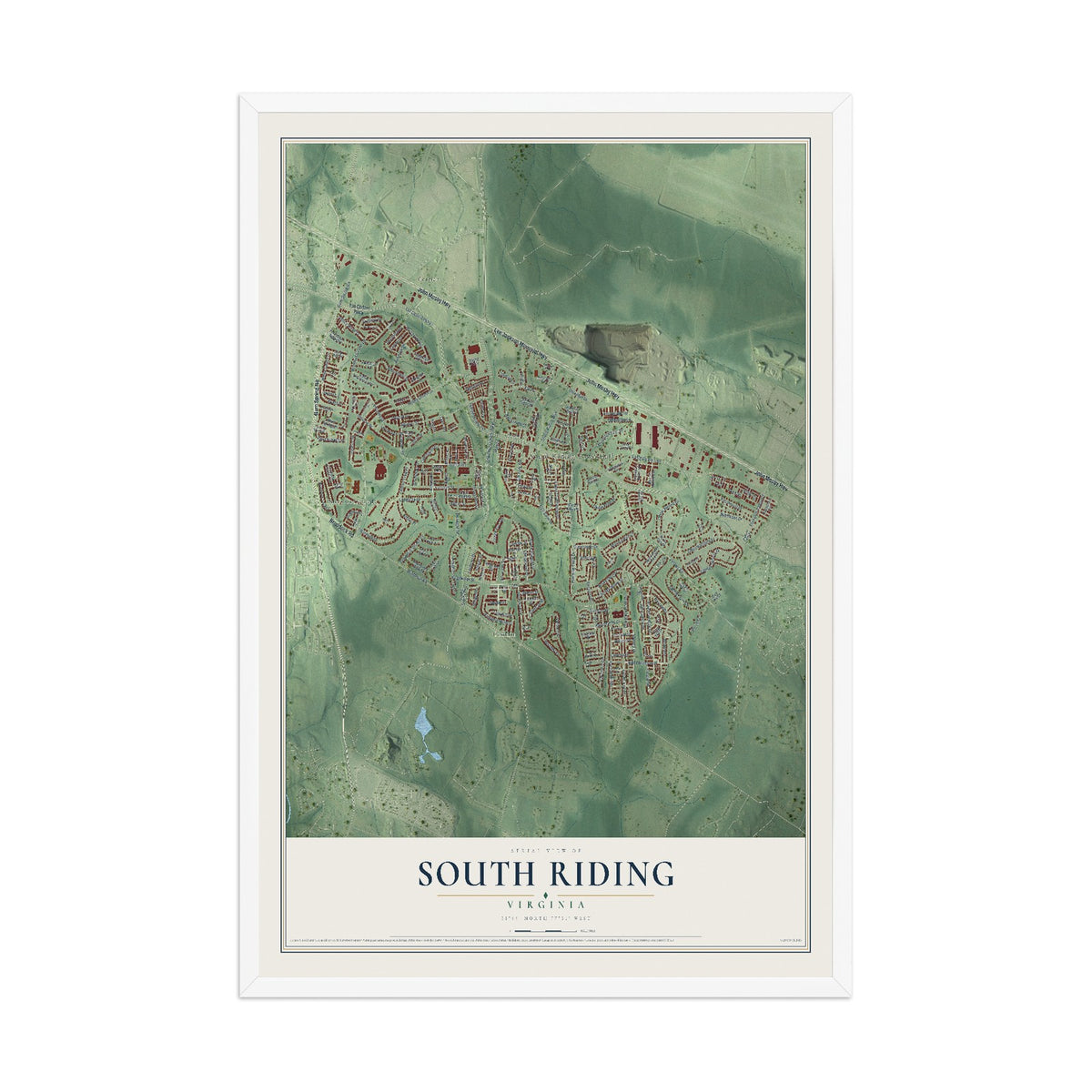 Map of South Riding, Virginia, 12 x 18 inch print in a white wood frame