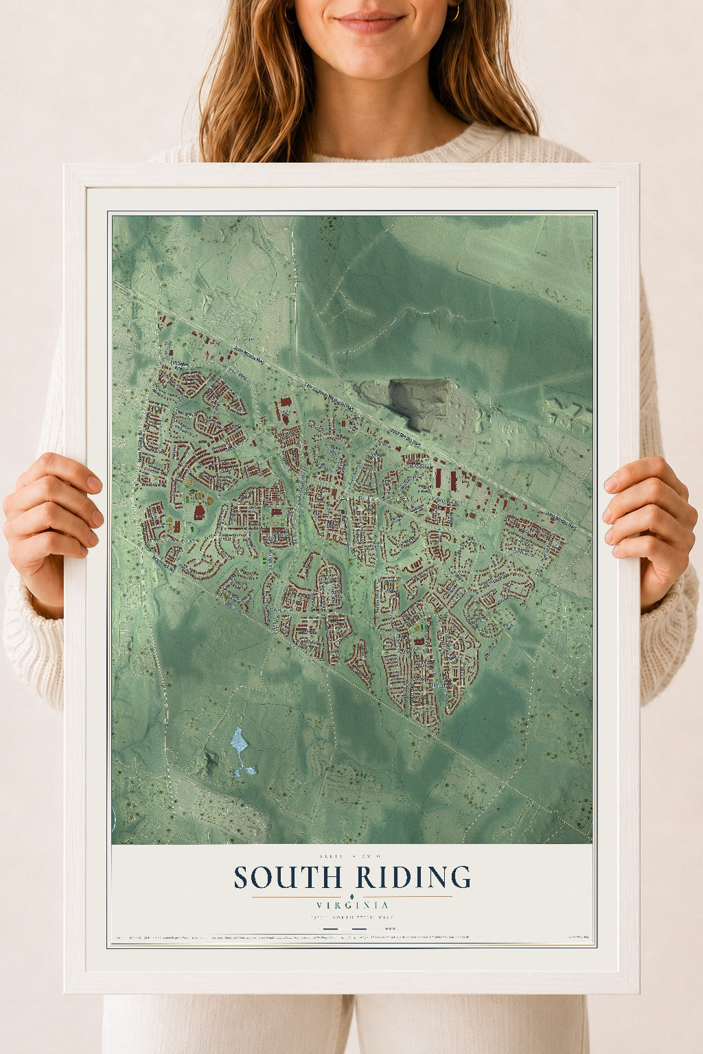 Map of South Riding, Virginia, 18 x 24 inch print in a white wood frame