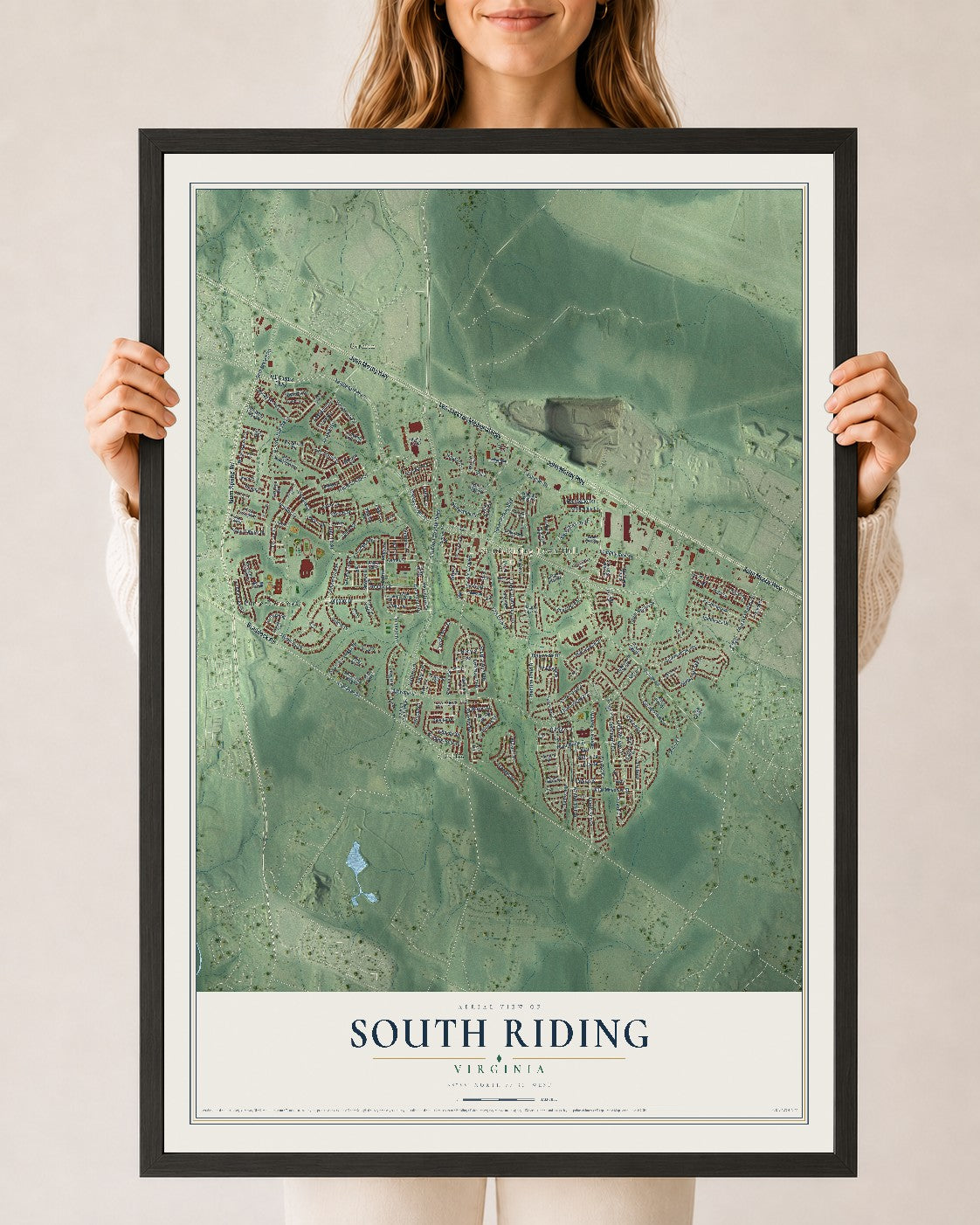Map of South Riding, Virginia, 24 x 36 inch print in a black wood frame