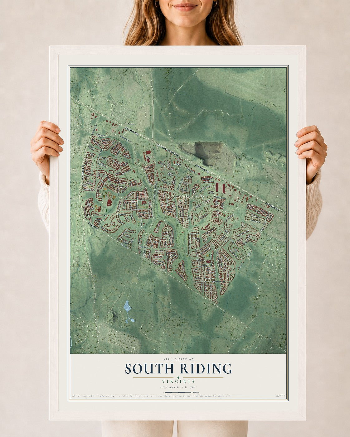 Map of South Riding, Virginia, 24 x 36 inch print in a white wood frame