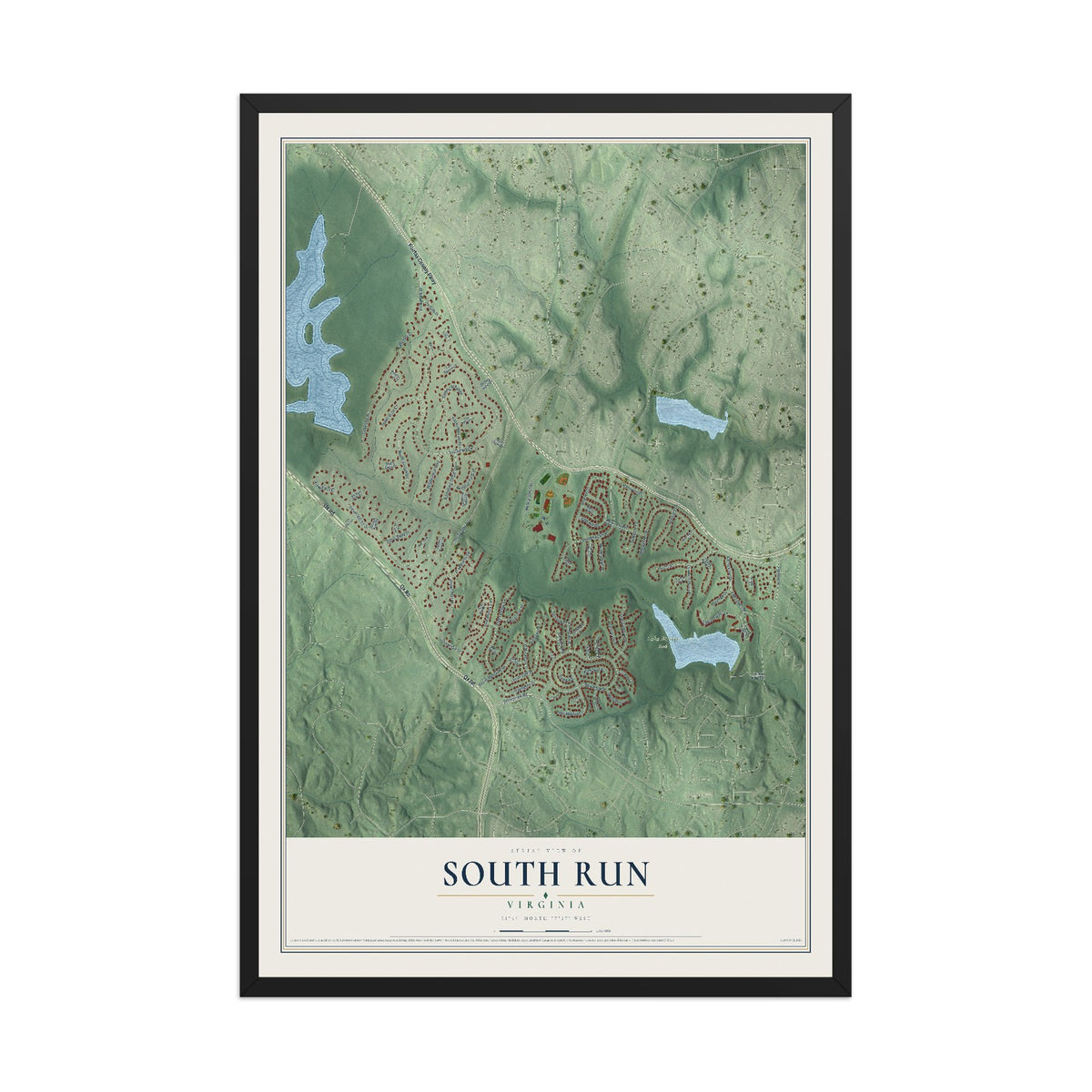 Map of South Run, Virginia, 12 x 18 inch print in a black wood frame