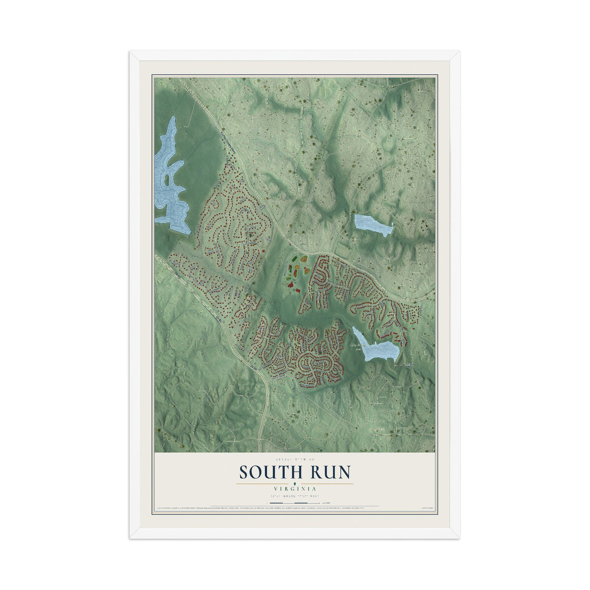 Map of South Run, Virginia, 12 x 18 inch print in a white wood frame