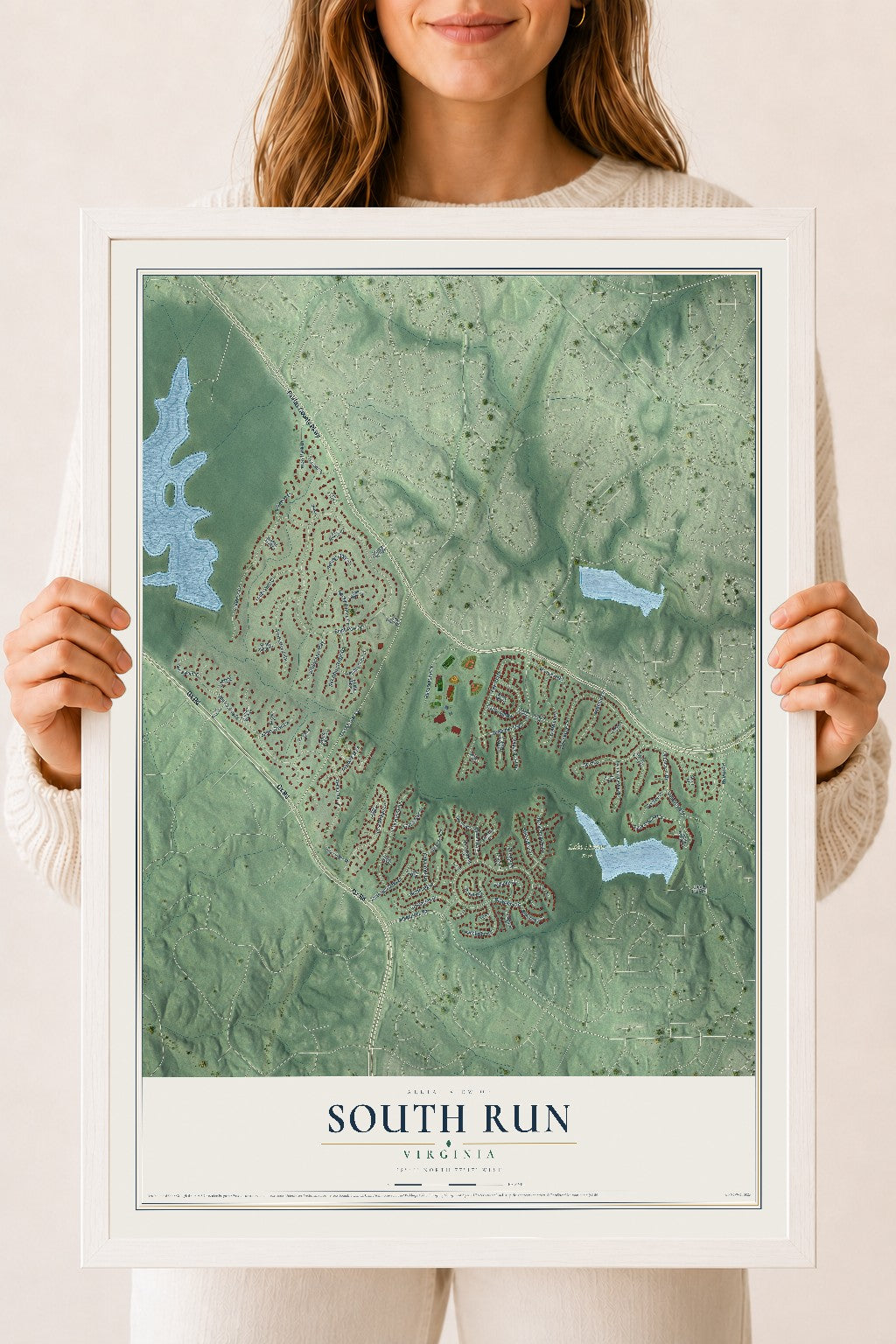 Map of South Run, Virginia, 18 x 24 inch print in a white wood frame