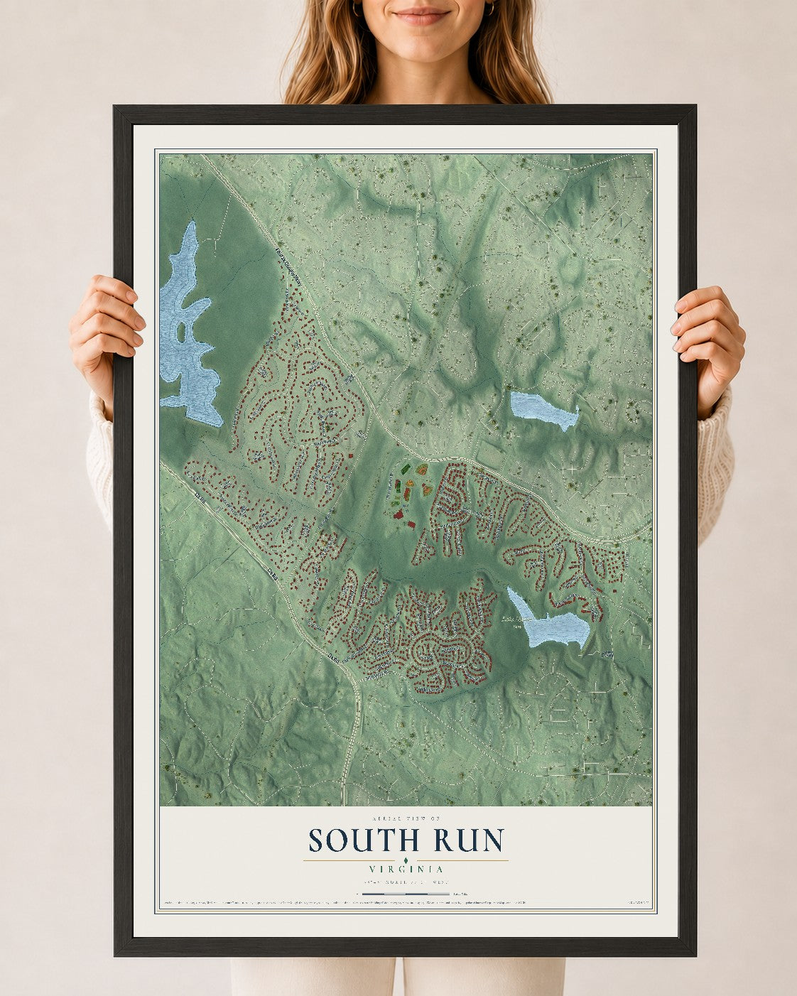 Map of South Run, Virginia, 24 x 36 inch print in a black wood frame
