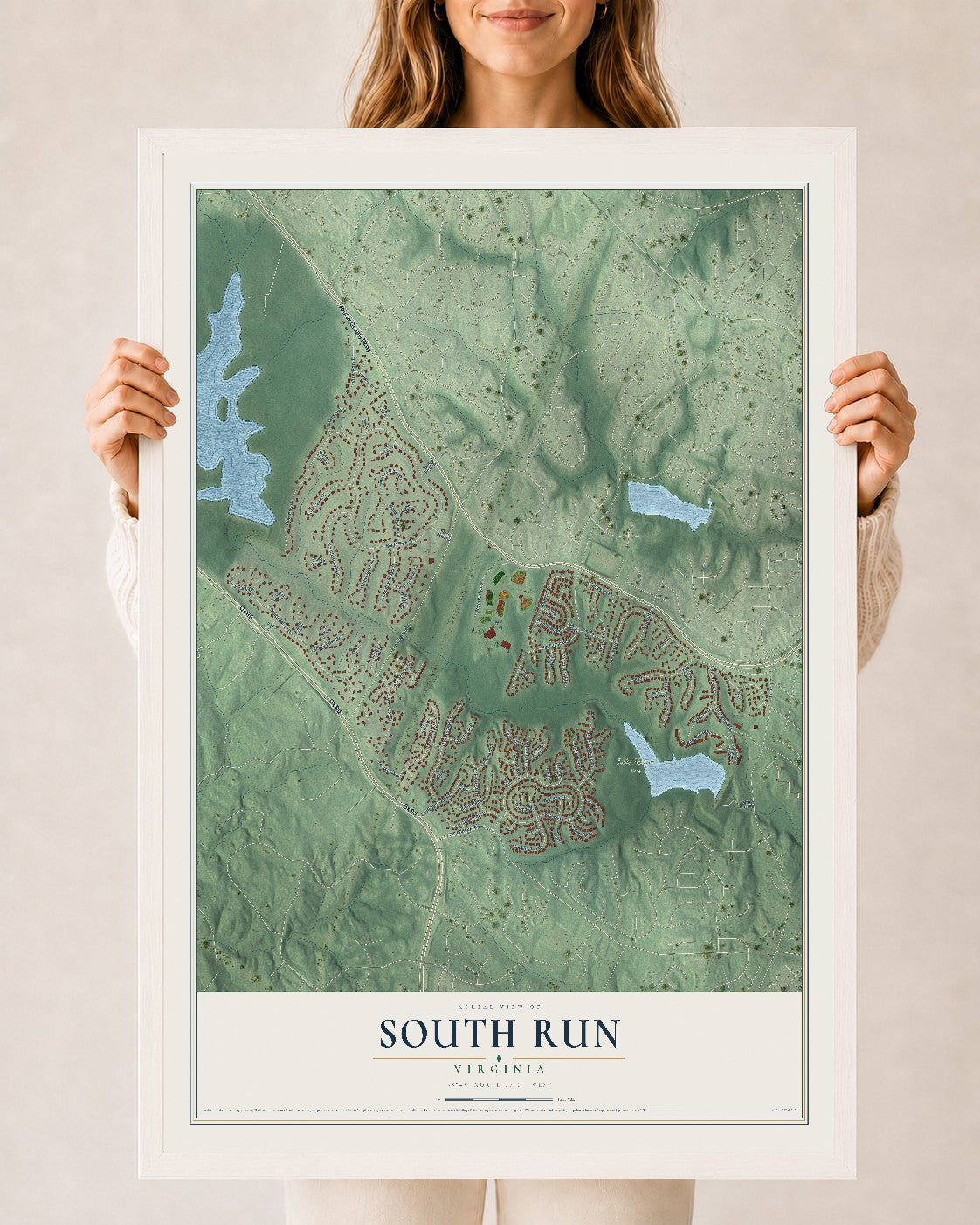 Map of South Run, Virginia, 24 x 36 inch print in a white wood frame