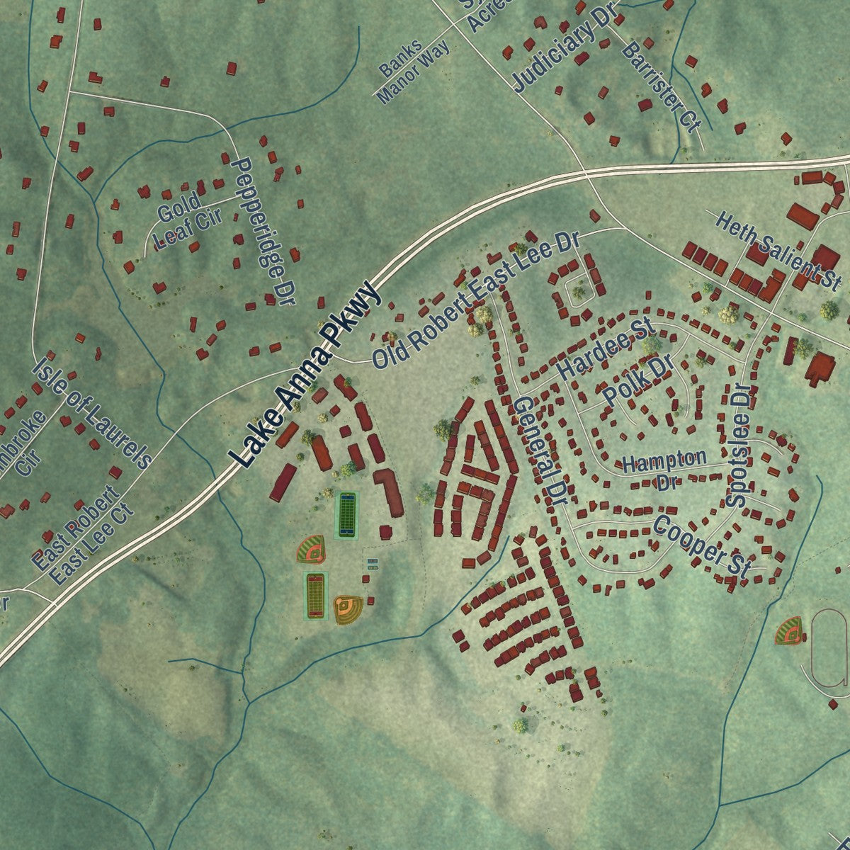 Second close-up of the map of Spotsylvania Courthouse, Virginia print showing more streets and buildings