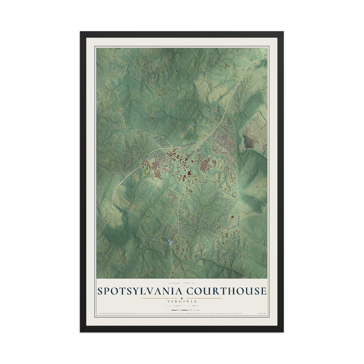 Map of Spotsylvania Courthouse, Virginia, 12 x 18 inch print in a black wood frame