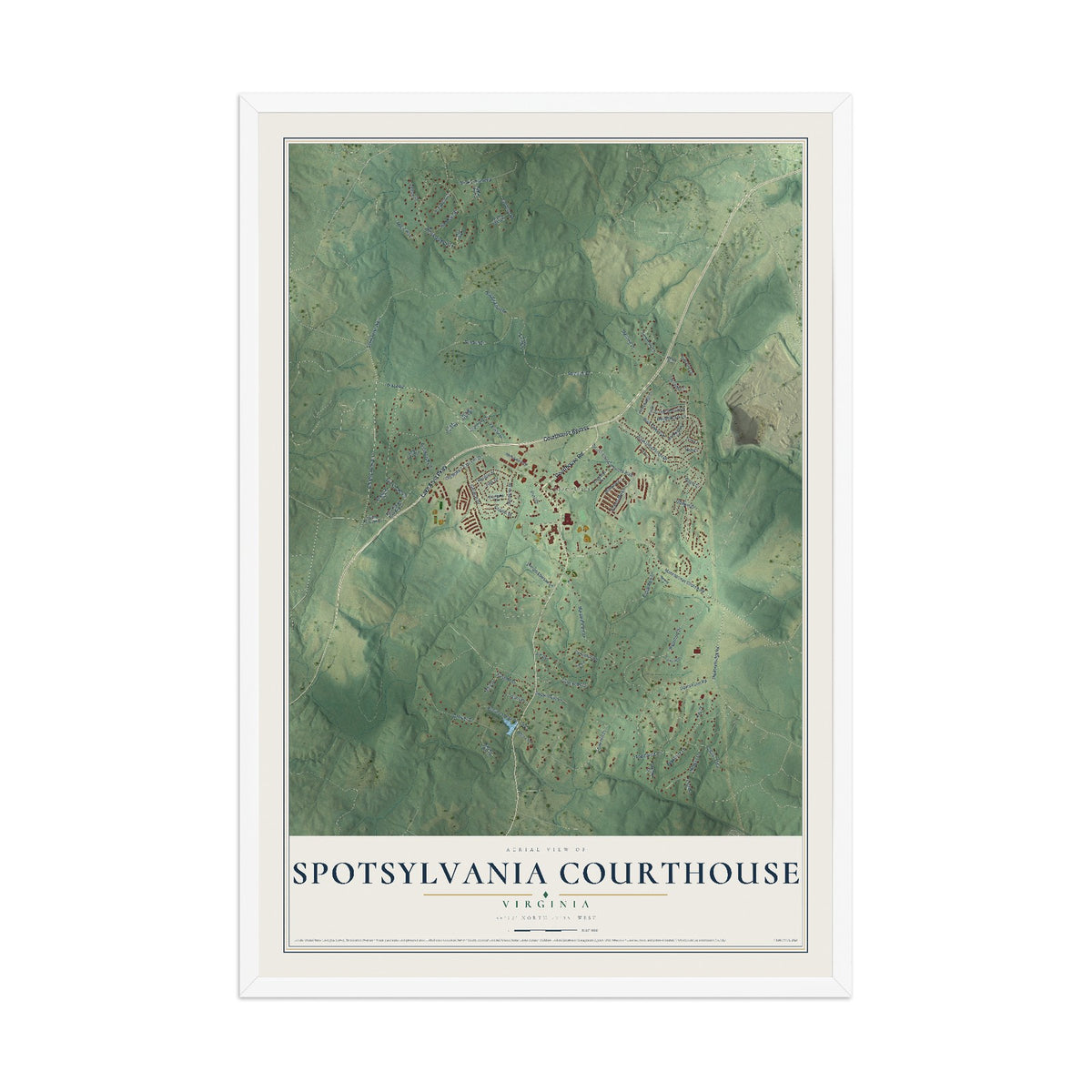 Map of Spotsylvania Courthouse, Virginia, 12 x 18 inch print in a white wood frame