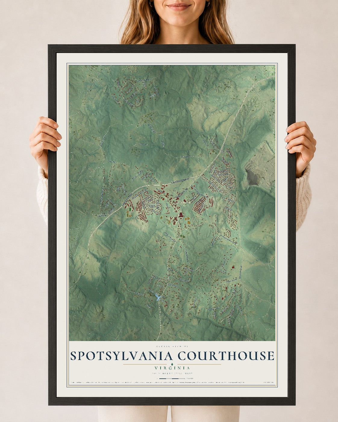 Map of Spotsylvania Courthouse, Virginia, 24 x 36 inch print in a black wood frame