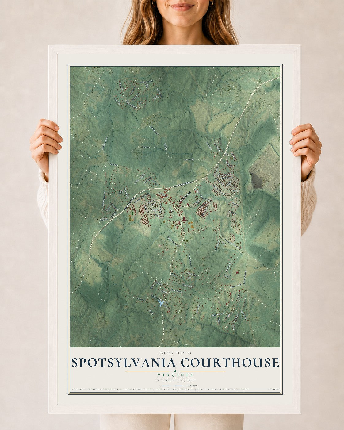 Map of Spotsylvania Courthouse, Virginia, 24 x 36 inch print in a white wood frame