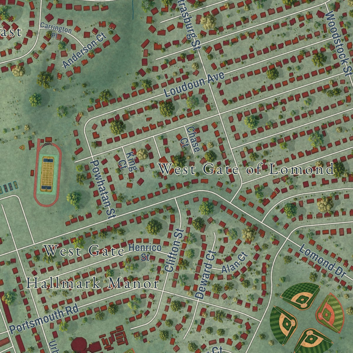 Close-up of the map of Sudley, Virginia print showing street and building detail