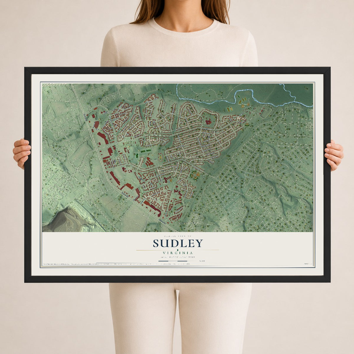 Map of Sudley, Virginia, 24 x 36 inch print in a black wood frame