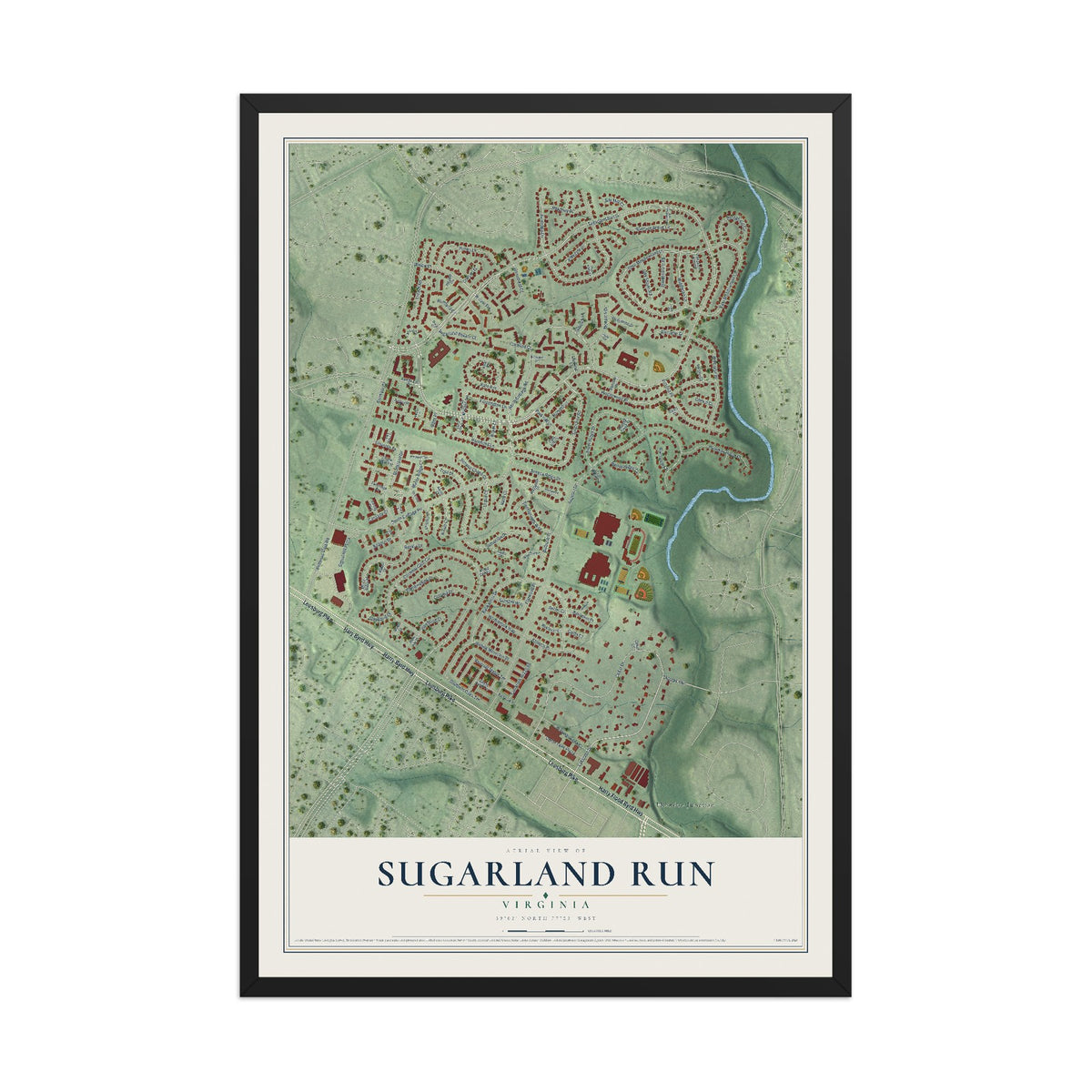 Map of Sugarland Run, Virginia, 12 x 18 inch print in a black wood frame