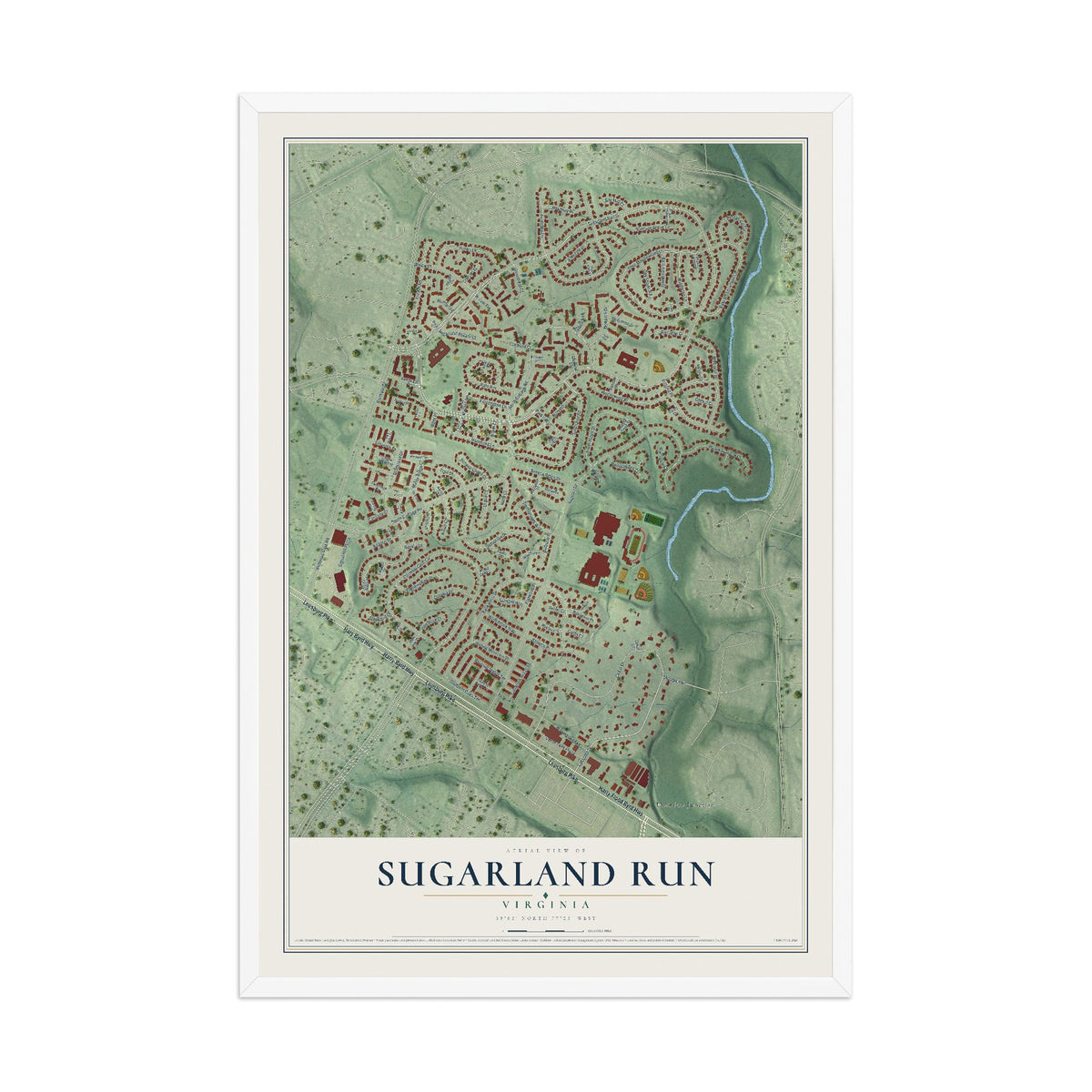 Map of Sugarland Run, Virginia, 12 x 18 inch print in a white wood frame