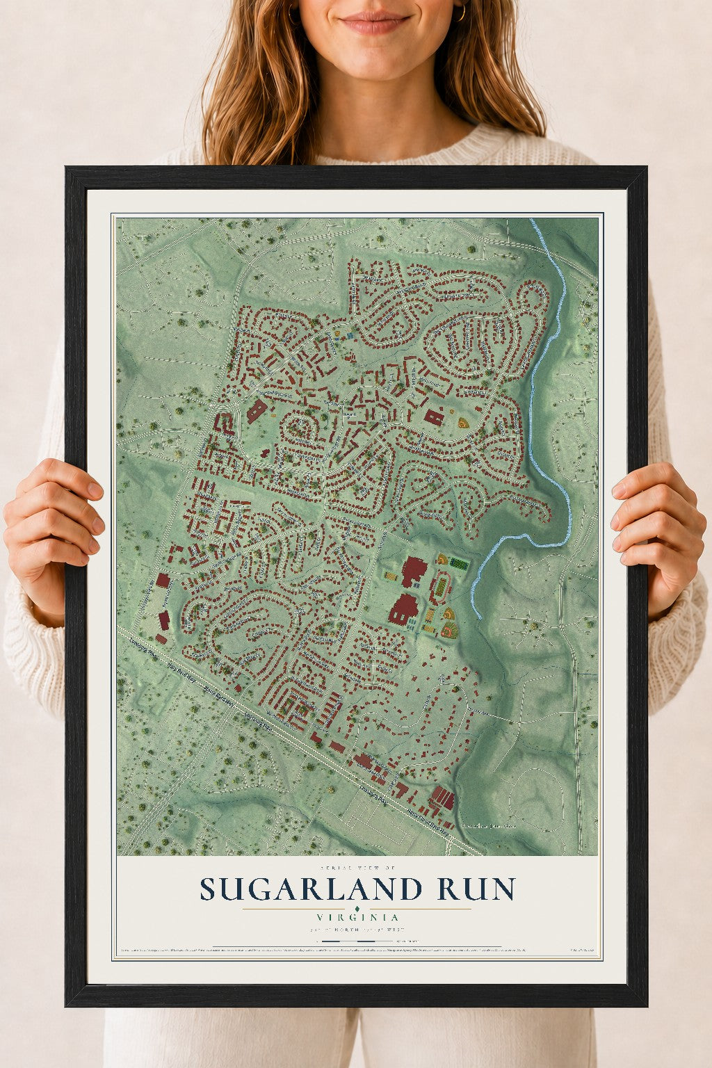 Map of Sugarland Run, Virginia, 18 x 24 inch print in a black wood frame