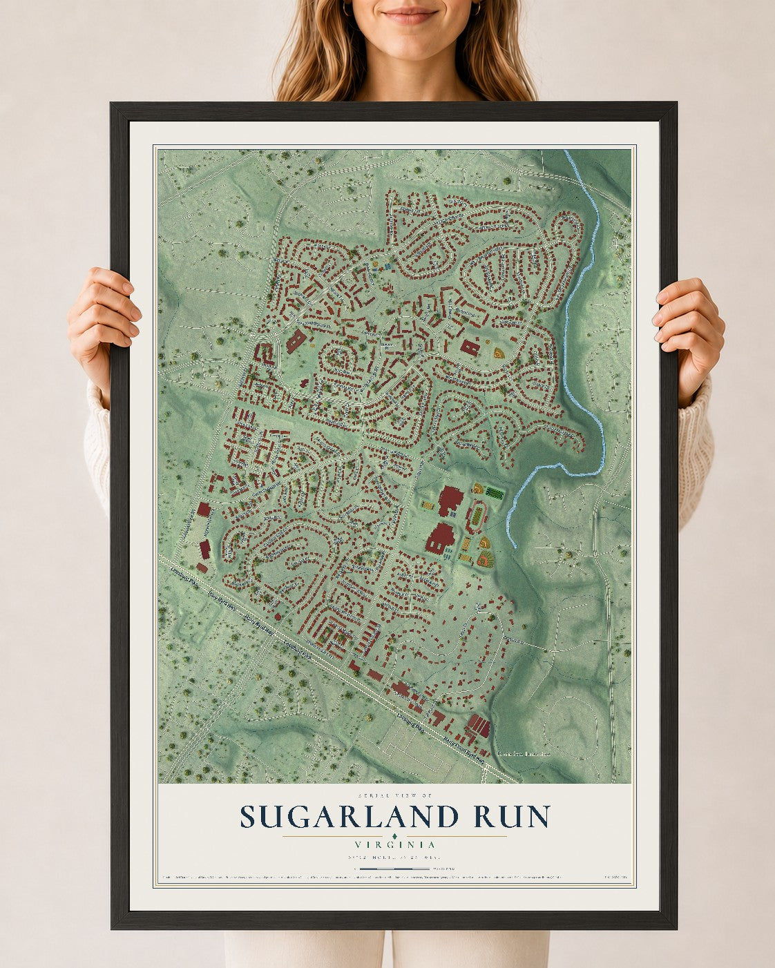 Map of Sugarland Run, Virginia, 24 x 36 inch print in a black wood frame