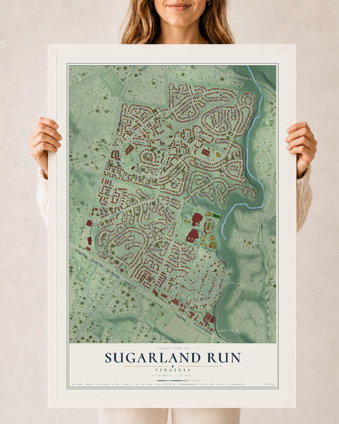Map of Sugarland Run, Virginia, 24 x 36 inch print in a white wood frame
