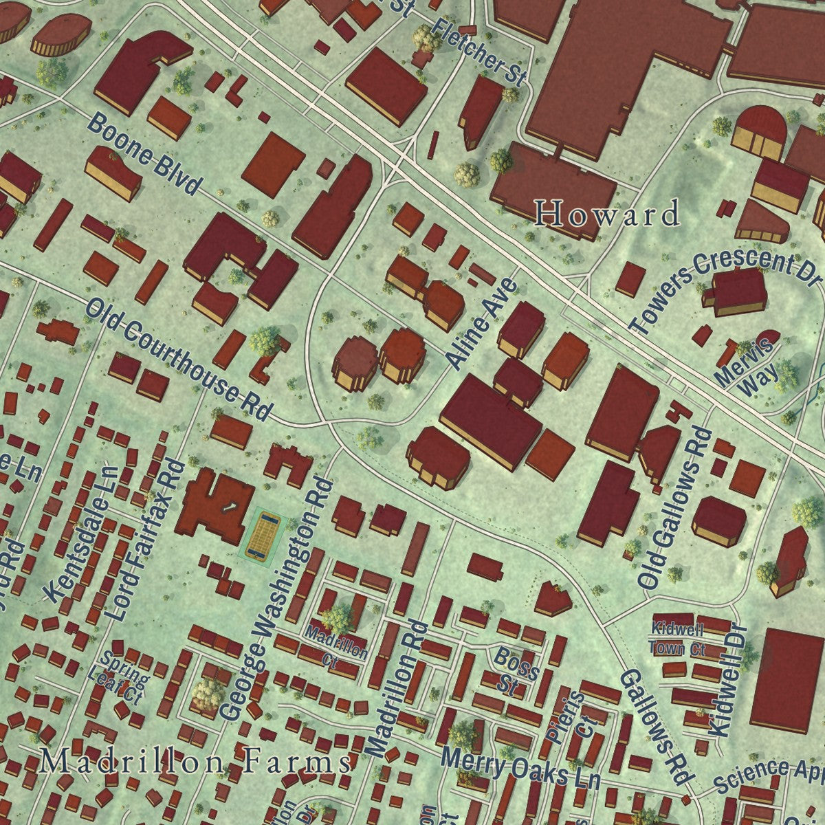 Close-up of the map of Tysons, Virginia print showing street and building detail